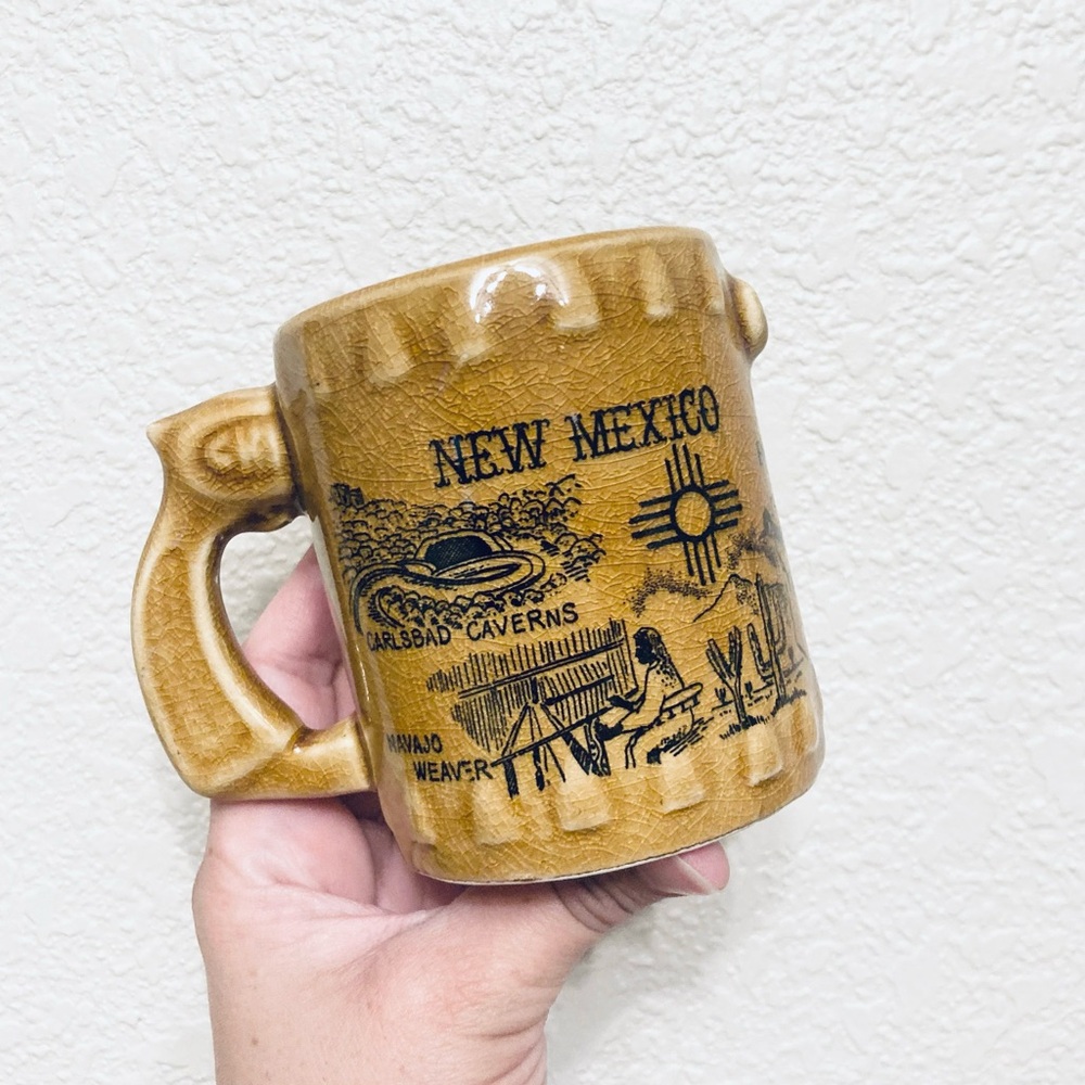 New Mexico Mug Land Of Enchantment Tan yellow glazed crackled ceramic pottery